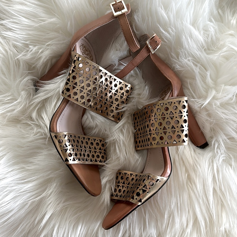 Vince Camuto Gold Faux Leather Sandal Heels
